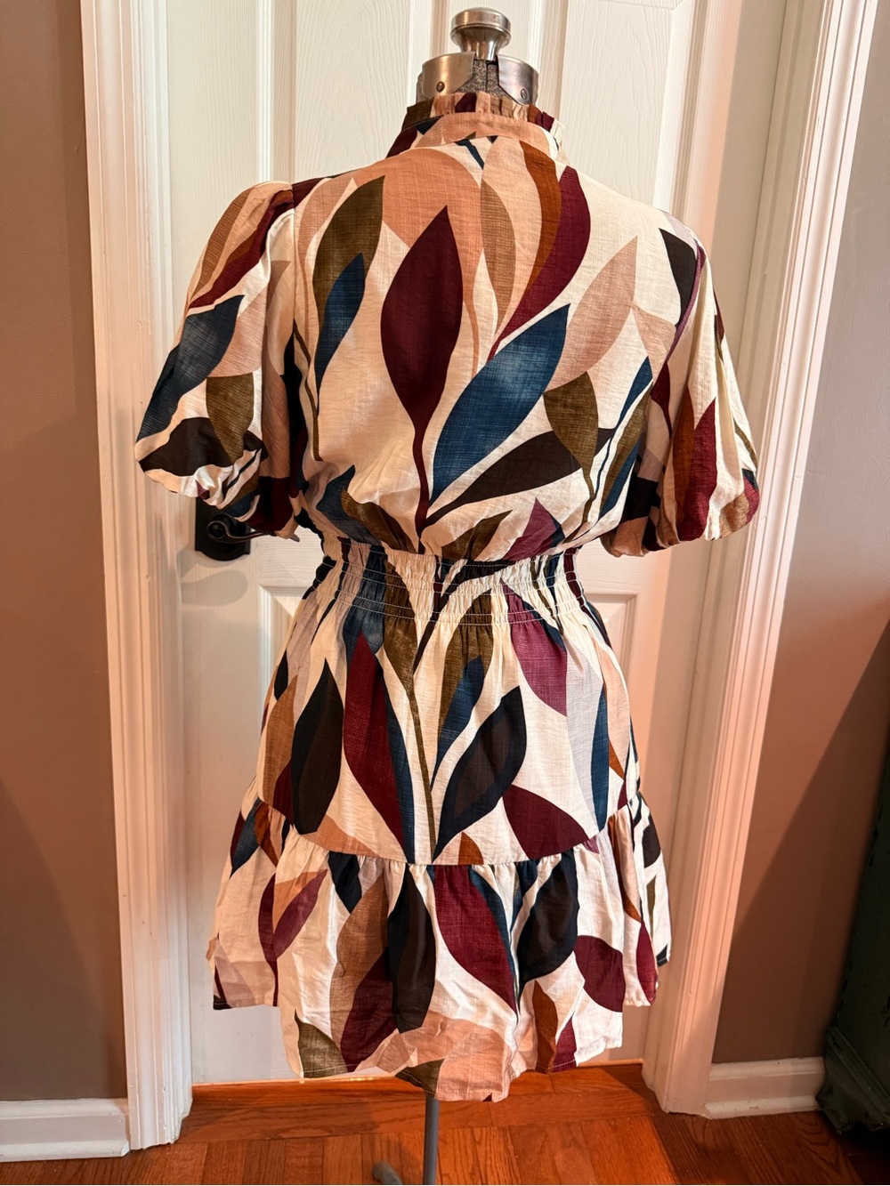 THML Cream Mini Dress with Multicolor Leaf Print (Blue, Burgundy, Olive, Tan) - Picture 7 of 8